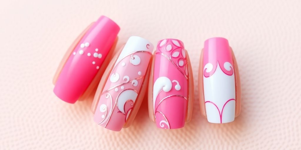 Unhas decoradas rosa e branco em foco.
