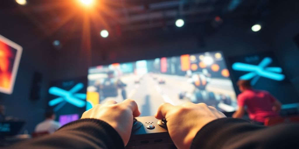 Close-up of gamer's hands on controller, illuminated by glowing esports screen.