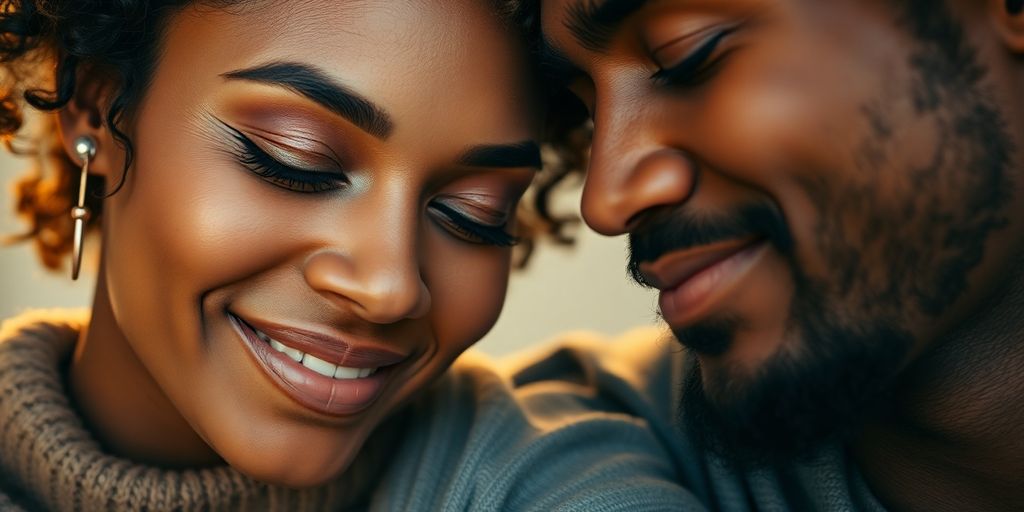 Couple embracing in warm, intimate glow.