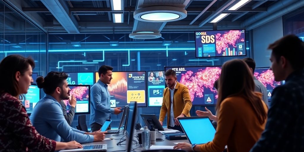 Profissionais colaborando em marketing digital futurista moderno.