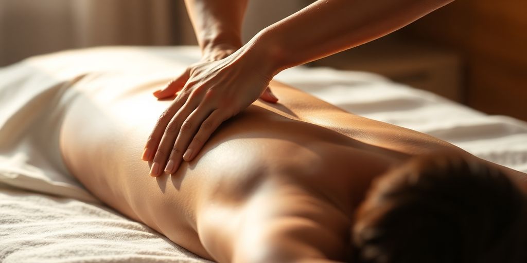 Person massaging client's back, warm light, serene.