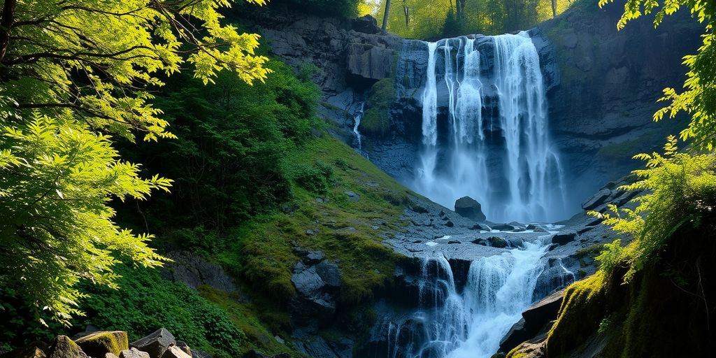 Torc Waterfall cascading in a lush green forest