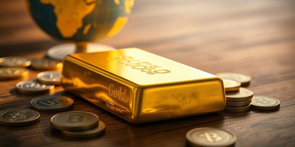 Barre d'or avec des pièces et un globe.