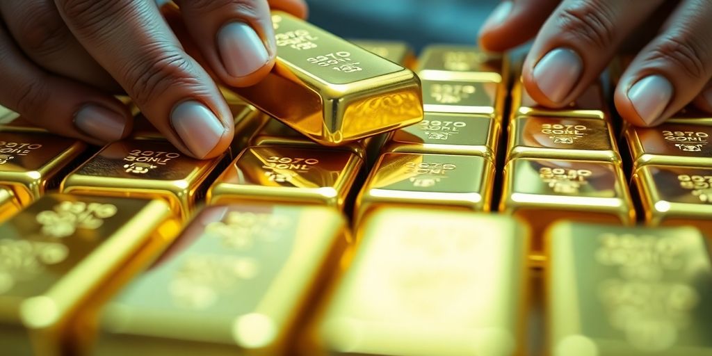 双手拿着闪亮的金条在明亮的灯光下。