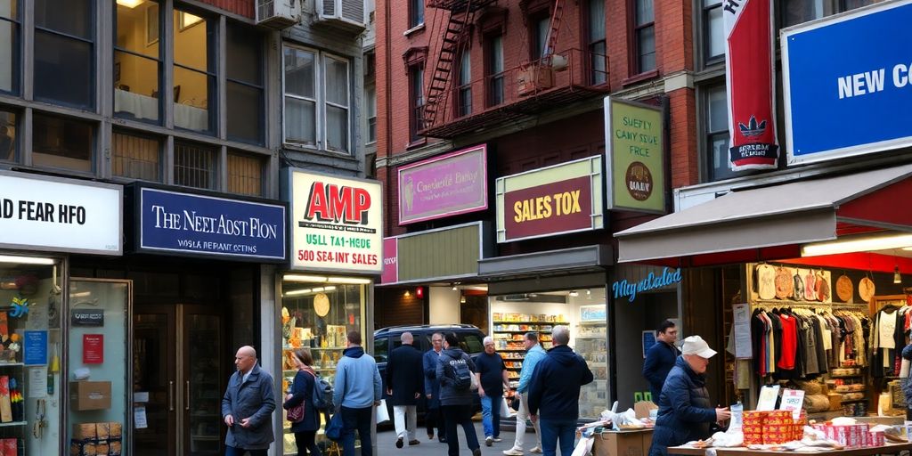 Busy New York City street with diverse storefronts and shoppers.