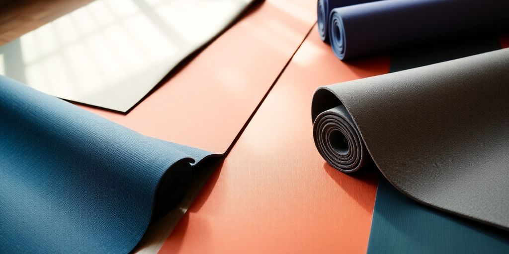 Different yoga mats in various colors and textures.