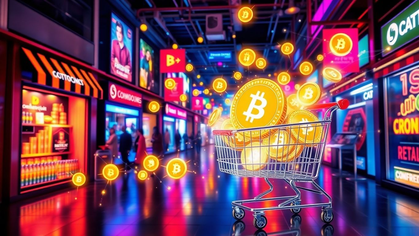 E-commerce shopping carts filled with glowing cryptocurrency coins.