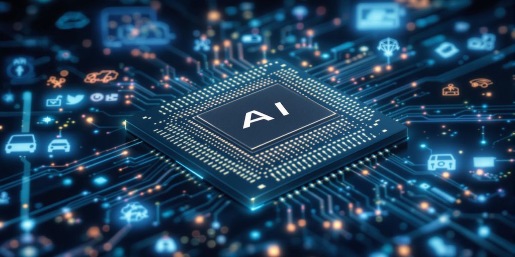 AI chip with circuits on a digital background.