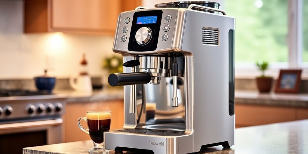 DeLonghi EC850M espresso machine on kitchen countertop.