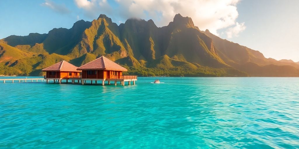 Serene overwater bungalow with turquoise lagoon and distant mountains.