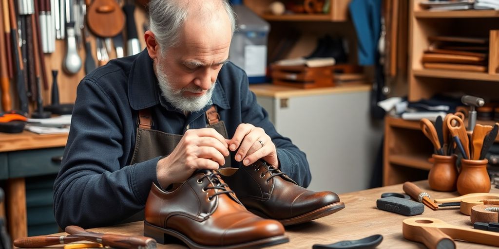Orthopädieschuhmacher bei der Arbeit an maßgefertigten Schuhen.