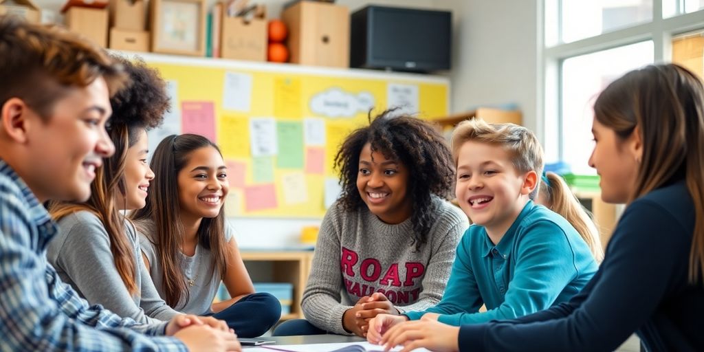 Diverse students collaborating in a bright classroom setting.