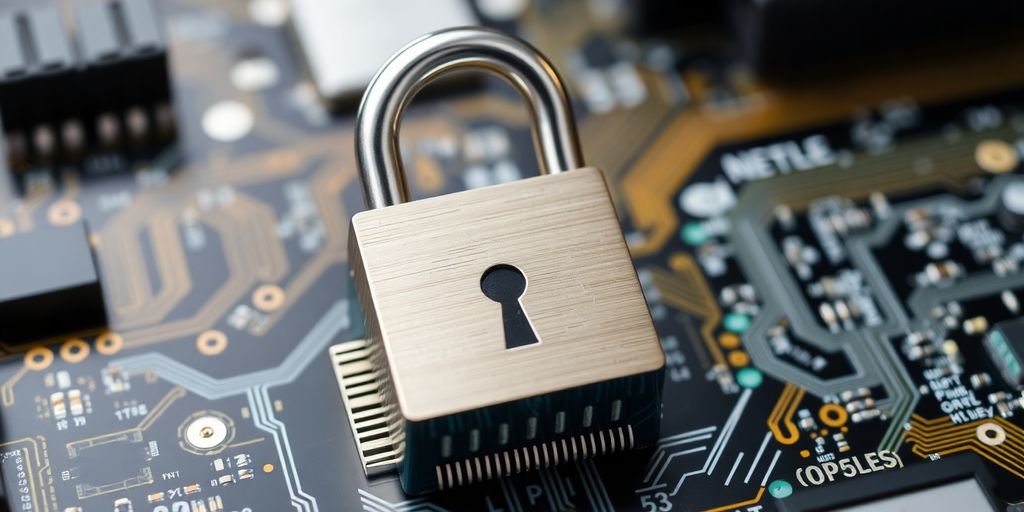 Digital padlock on circuit board, symbolising computing security.