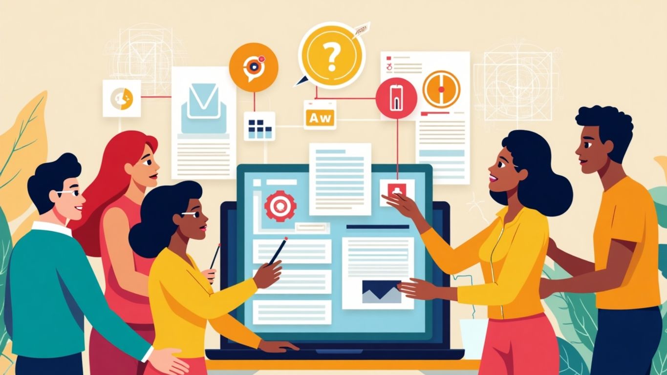 Illustration of diverse people collaborating on digital marketing.