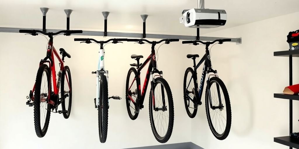 Organized garage with bikes stored on ceiling hooks.