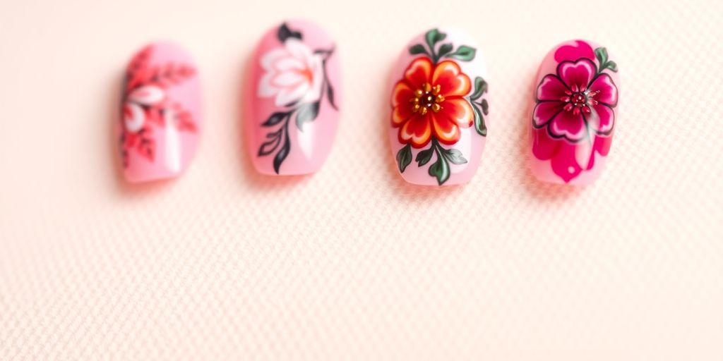 Unhas de fibra decoradas com designs sofisticados e delicados.