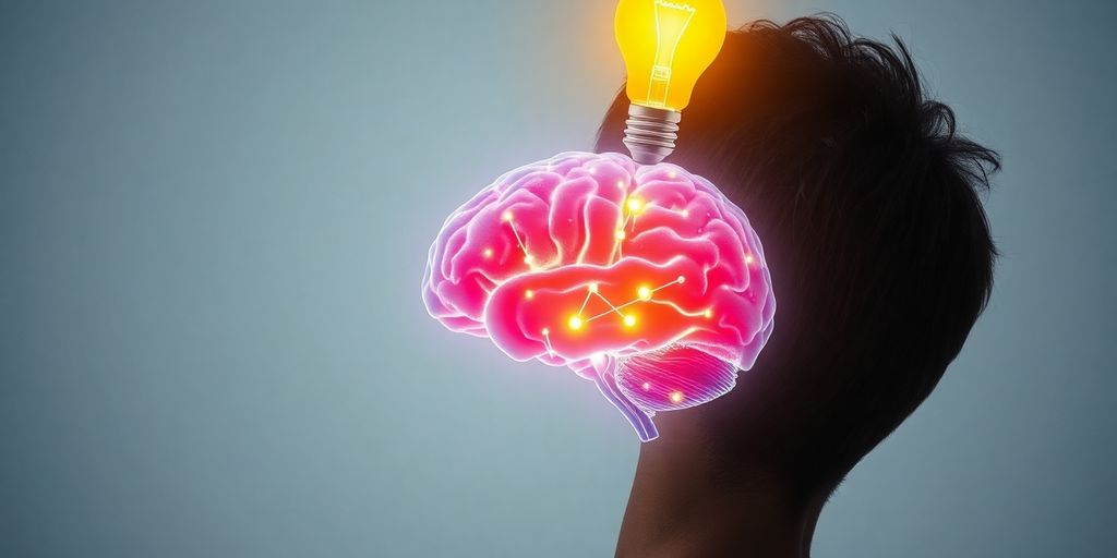 Man's head with glowing brain and lightbulb.