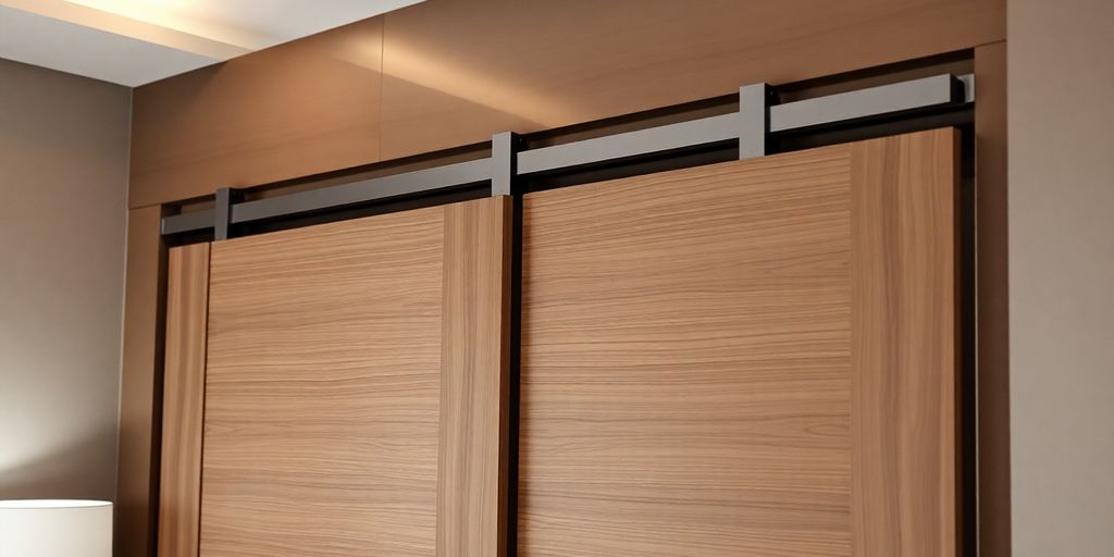 Stylish sliding closet door with modern hardware in bedroom.