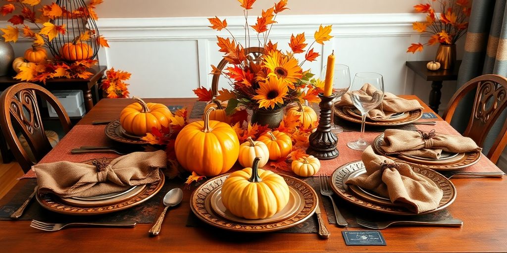 Fall-themed dining table with pumpkins and autumn leaves.