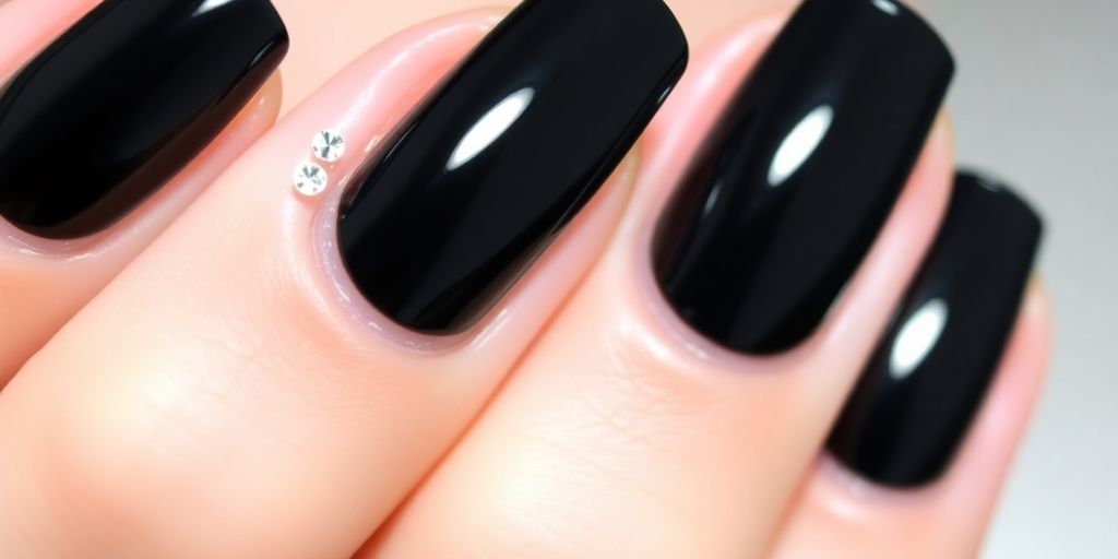 Unhas de gel preto brilhantes e elegantes.