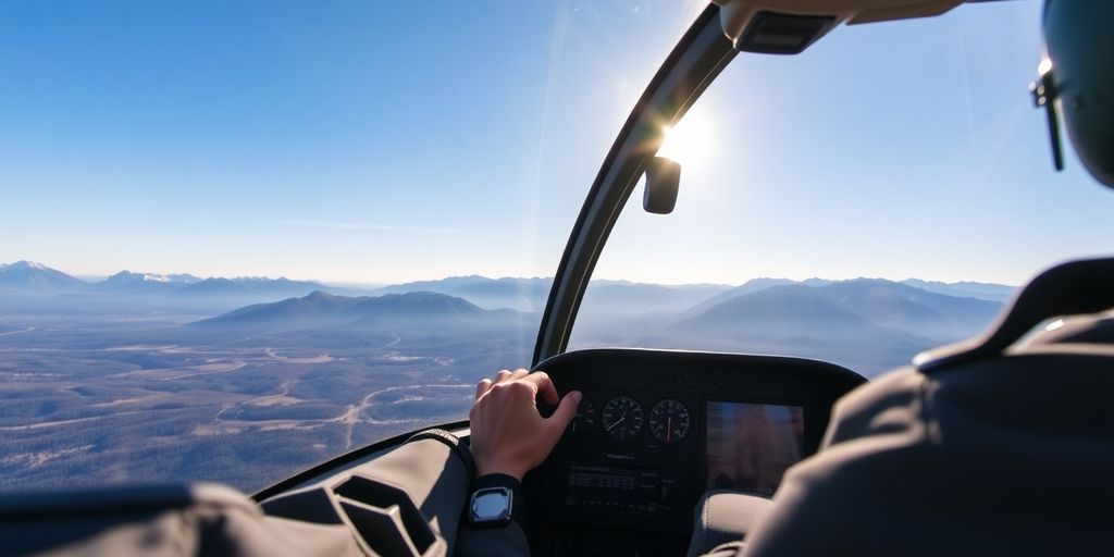 Pilot in cockpit, helicopter flying over mountains.