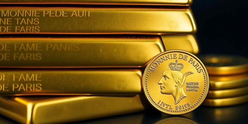 Lingots d'or empilés et monnaie de Paris