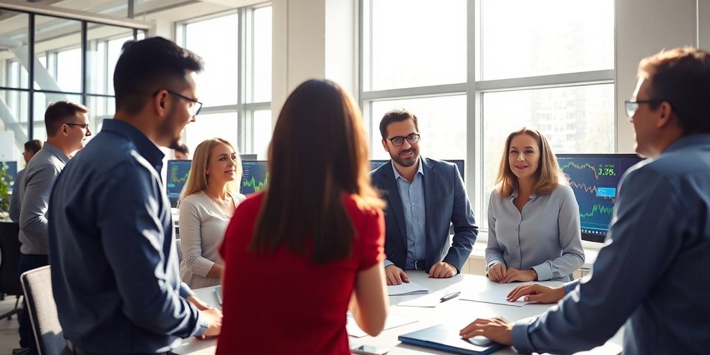 Diverse group in modern office, financial charts