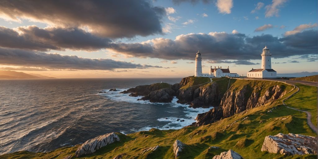 Fanad Head Lighthouse on cliffs at sunset