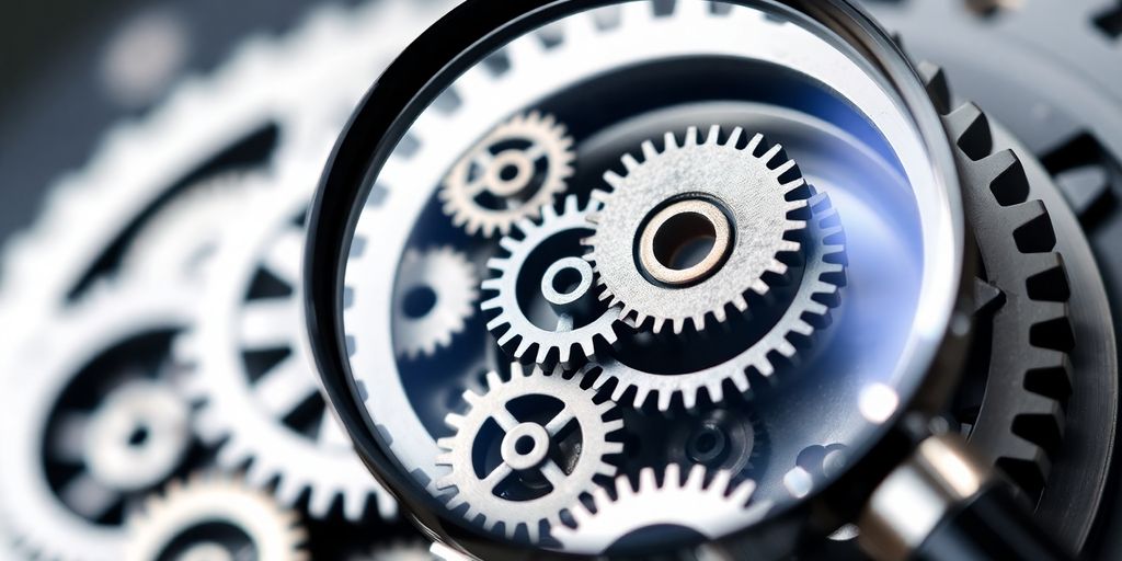 Magnifying glass over complex, interconnected gears.