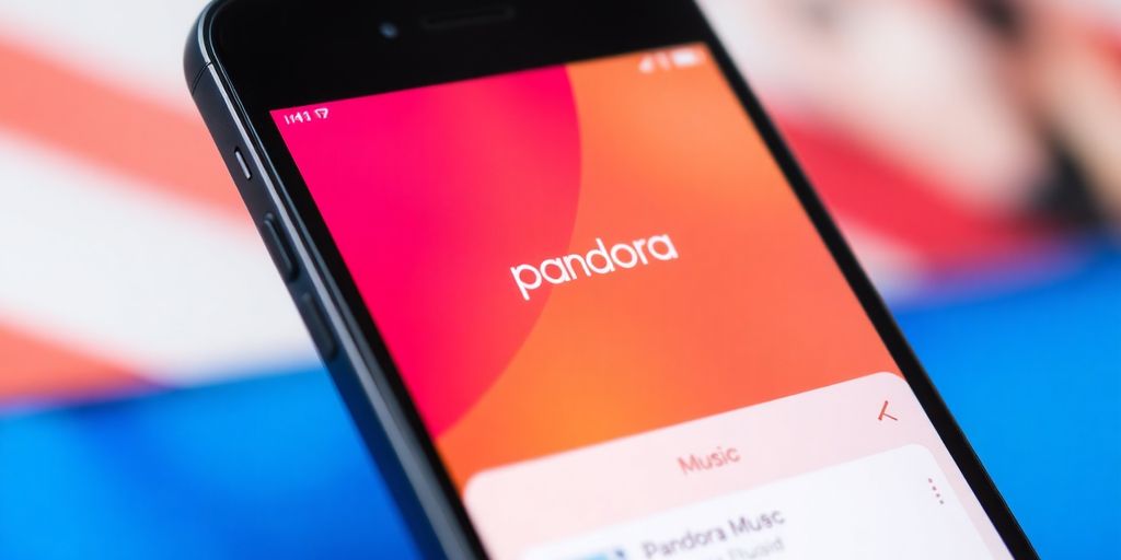 Smartphone displaying Pandora Music app in vibrant colors.