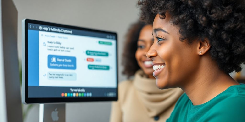 Unemployed person interacting with a friendly AI.