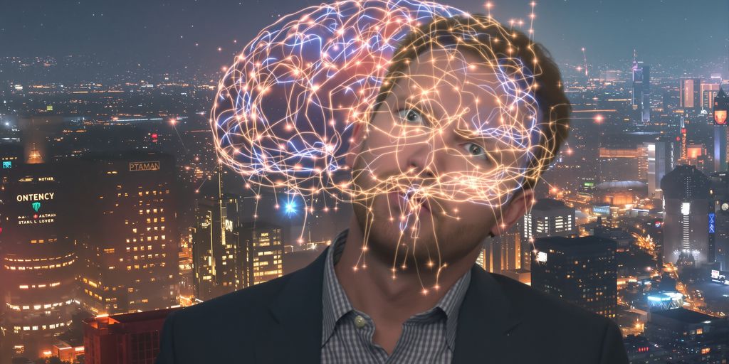 Sam Altman looking concerned, a giant AI brain powering a city.