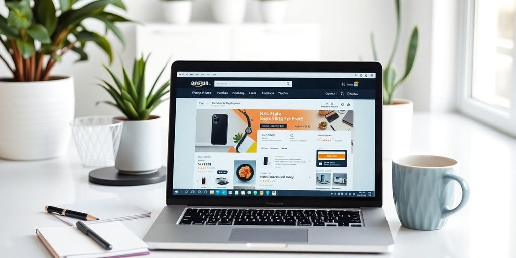 Laptop with Amazon listing on desk in bright workspace.