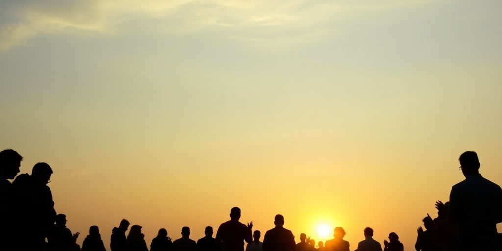 Silhouettes of people praying in a peaceful sunrise setting.