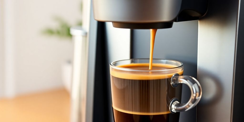 Keurig espresso machine brewing rich coffee in a cup.