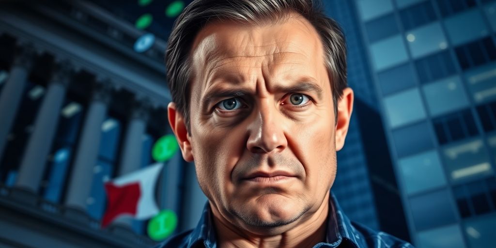 Investor observing crypto symbols in a financial setting.
