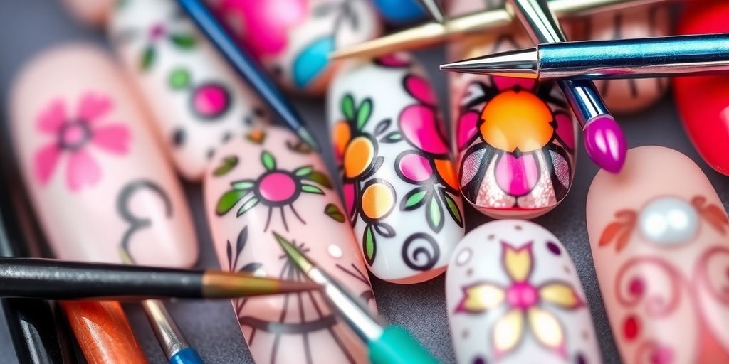 Un primo piano di nail art colorata e strumenti.