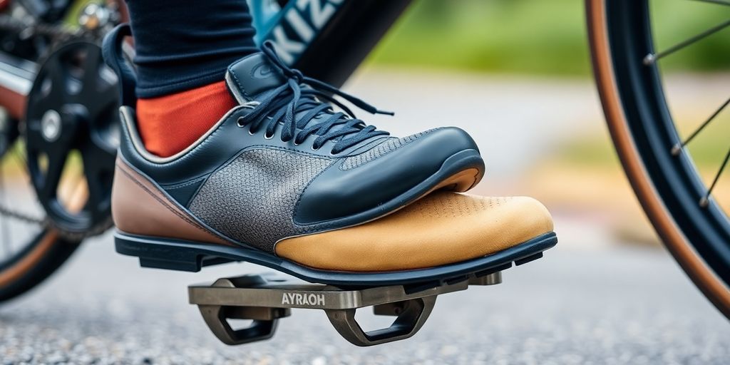 Close-up of cycling shoes on pedals, highlighting foot position.