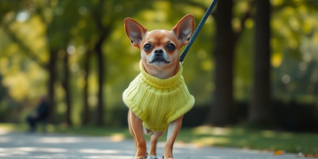 Small dog in stylish sweater on a walk.