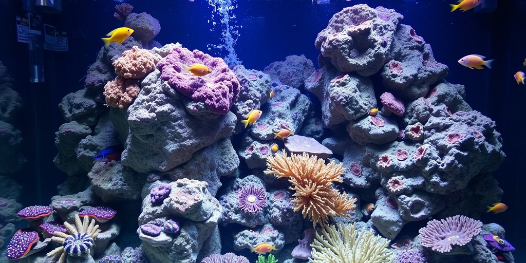Acuario de agua salada colorido con roca viva y peces.