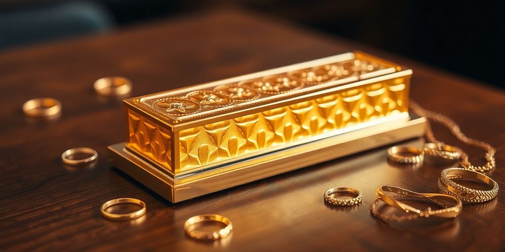 Barre d'or et bijoux sur une table en bois.