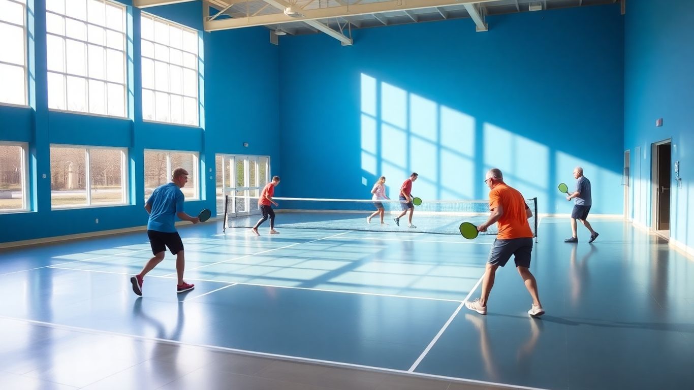 Players enjoying a pickleball match on a bright indoor court.