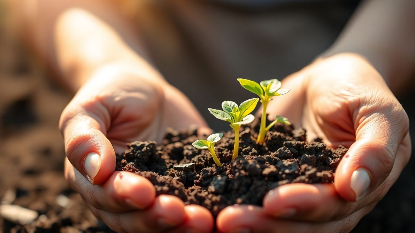 Hands nurturing a small green seedling in soil with sunlight.