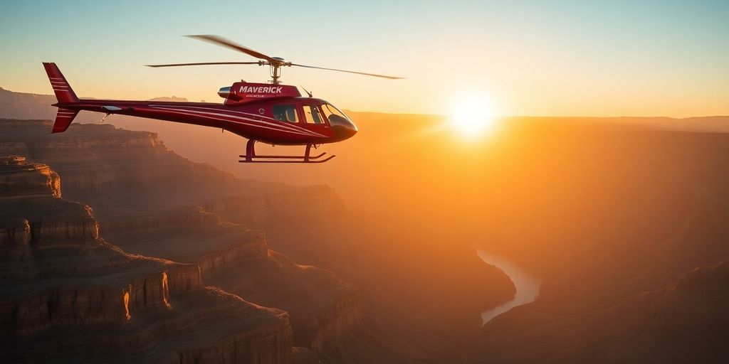 A red Maverick helicopter flying over the Grand Canyon.