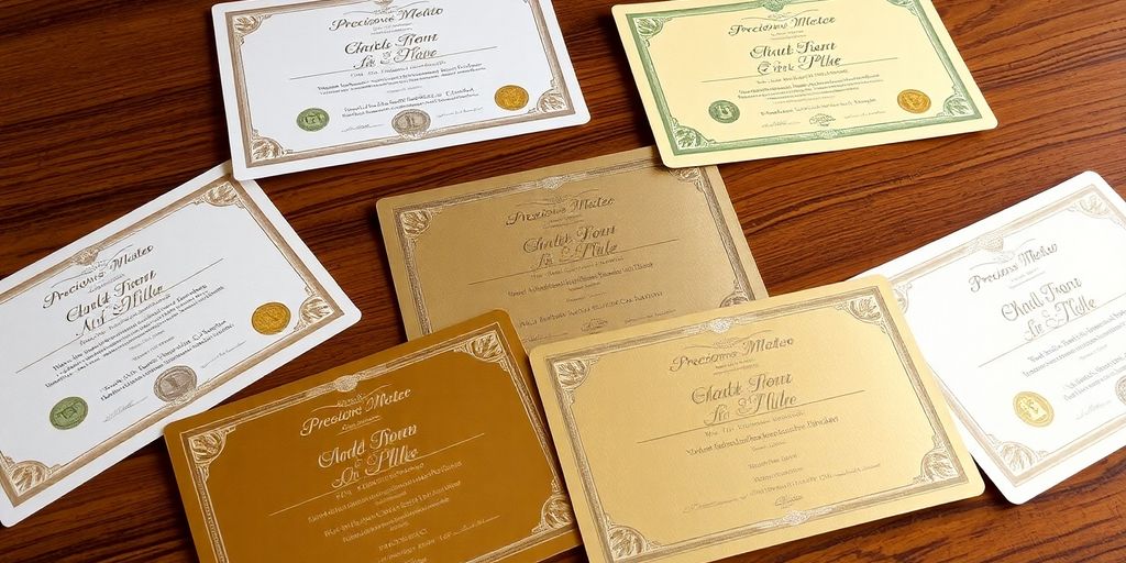 Certificats de métaux précieux sur une table en bois.