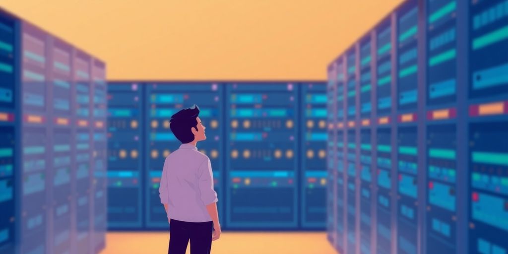 Illustrative image of person working on server rack.