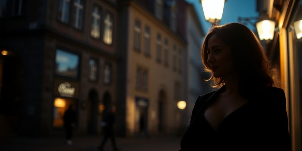 Vrouw, elegant, Bergen, discreet, nacht, sfeer, straat.