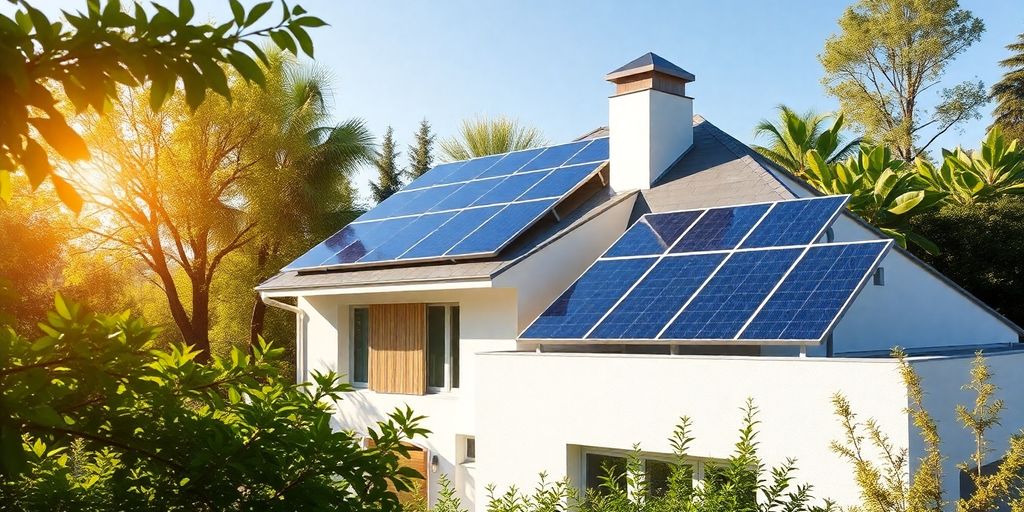 Modern house with solar panels on the roof.
