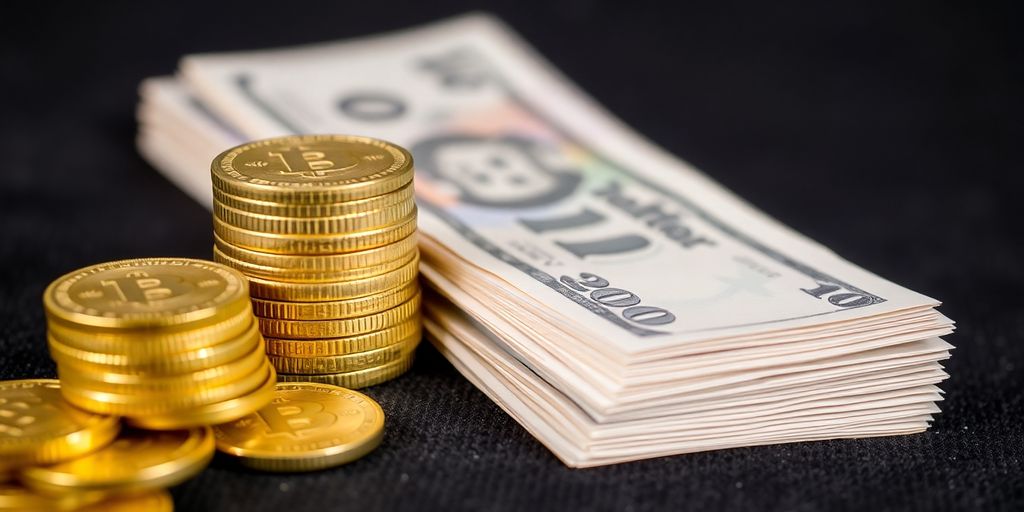 Pièces d'or et billets de banque empilés.