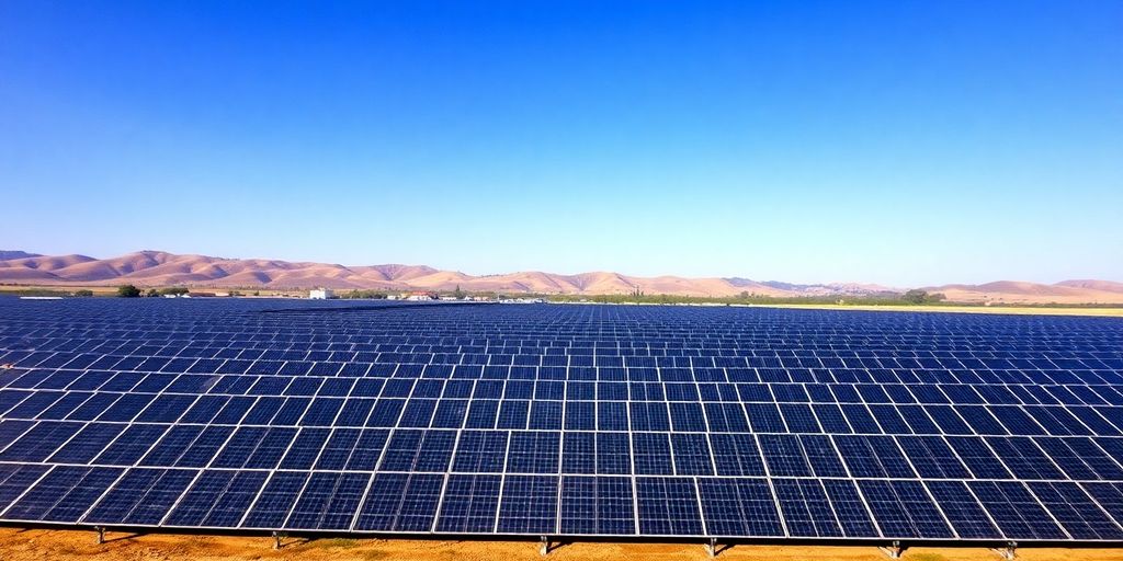 Panneaux solaires sous ciel bleu, rangées ordonnées, site étendu.